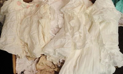 Lot 1123 - Assorted 19th Century And Later White Cotton Baby Dresses, silk bodices, peach silk bonnet,...