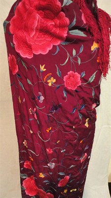 Lot 1125 - Dark Red Silk Floral Embroidered Shawl with tassel fringing, 145 cms by 160 cms.