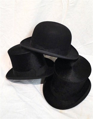 Lot 1127 - Garrett & Haigh Black Silk Top Hat, Bennett & Co black silk top hat, Christy's bowler hat, two...