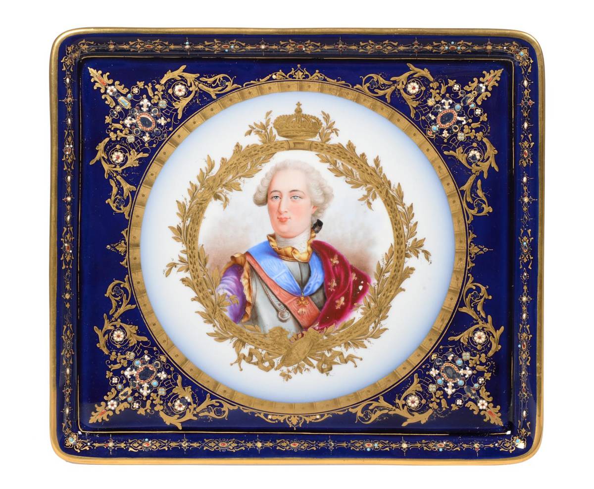 Lot 55 - A Sèvres Style Porcelain Tray, late 19th century, decorated with a bust portrait of Louis XVI in a