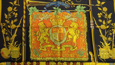 Lot 1146 - Hermès Silk Scarf 'The Queen's Silver Jubilee 1977' on a navy blue background and gold...