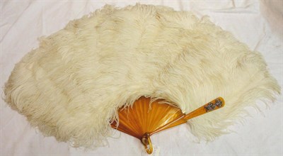 Lot 1150 - Large Blond Tortoiseshell And Ostrich Feather Fan with paste set monogram to the outer guard 45...