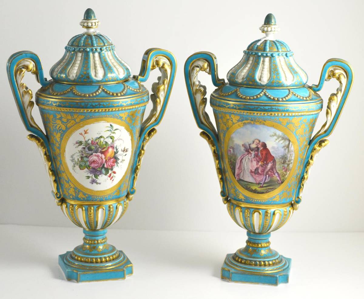 Lot 56 - A Pair of Sèvres Style Porcelain Urn Shaped Vases and Covers, circa 1900, with leaf sheathed...