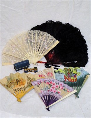 Lot 1152 - Assorted Fans Including A Black Ostrich Feather Fan, bone fan with floral painted gauze mount...