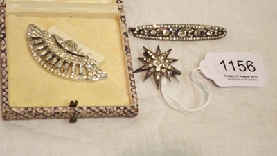 Lot 1156 - Three Paste Brooches, one in a fan shape, measures 5.7cm by 2.4cm, one in the form of a star,...