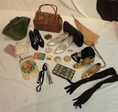 Lot 1162 - Assorted Costume Accessories including a bead work purse with floral decoration; velvet purse...