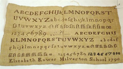 Lot 1170 - Unframed Alphabet Sampler Worked By Elizabeth Rawes Milverton School 1790, worked in cross...