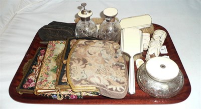 Lot 9 - Four handbags, dressing table set, opera glasses and two carved figures