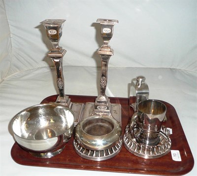 Lot 10 - Silver plated candlesticks, pair bottle coasters, silver plate etc