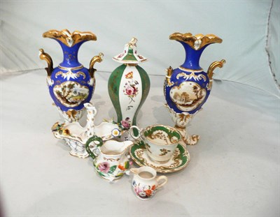 Lot 13 - Pair of Rockingham vases (a.f.), a cup and saucer, a flower encrusted basket and a vase and...