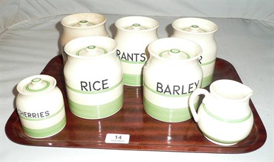 Lot 14 - Six Kleen green-banded jars - 'Barley', 'Currants', 'Sugar', 'Rice', 'Raisins' and 'Cherries' and a