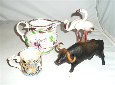 Lot 33 - Coalport buffalo, Laura Knight commemorative mug, Sunderland hunting jug and an Austrian bird group