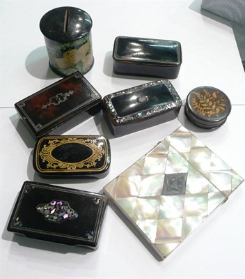 Lot 59 - Five papier mache snuff boxes, two small boxes, a money box and a mother of pearl card case