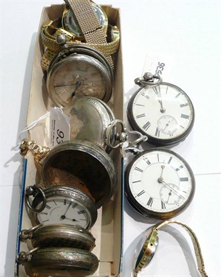 Lot 93 - Three silver pocket watches (a.f.), four fob watches, silver watch case, Turkish macket pocket...