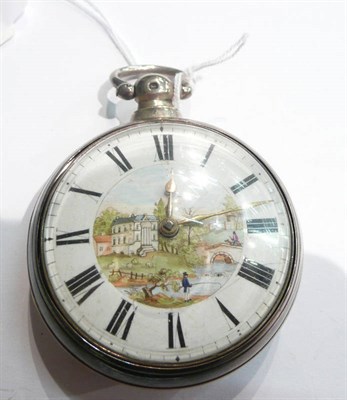 Lot 96 - A silver pair cased pocket watch, dial with a painted river scene