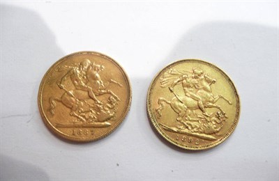 Lot 98 - Two gold sovereigns, 1887, 1892