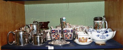 Lot 111 - Victorian plated tea service, a George Jones silver plated preserve set, blue and white bowl,...