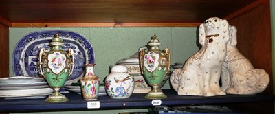 Lot 118 - A shelf including blue and white ceramics, pair of Nippon vases, Staffordshire style dogs, etc