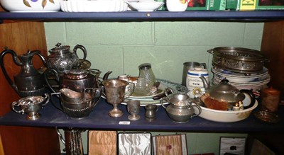 Lot 120 - Silver twin-handled pedestal cup, two silver napkin rings, plated ware, meat plates, two...