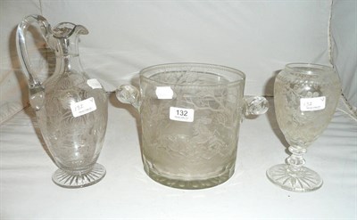 Lot 132 - An engraved glass ware cooler, claret jug and vase (3)