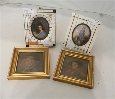 Lot 133 - Two ivory framed miniatures and a pair of oils military subjects