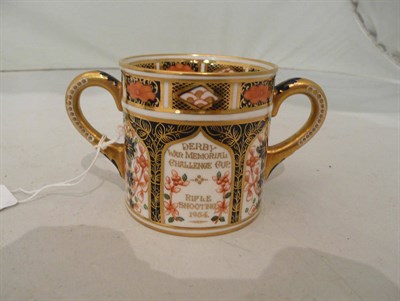 Lot 138 - A Royal Crown Derby Imari twin handled mug, inscribed 'Derby War Memorial Challenge Cup Rifle...