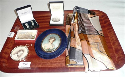 Lot 154 - A Picasso silk shawl, a miniature, a silver Mizpah brooch, enamel buttons, etc