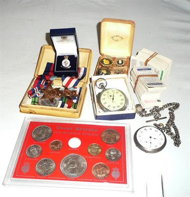 Lot 158 - Plated pocket watch with silver chain, four medals, costume jewellery, cigarette cards,...