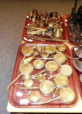 Lot 161 - Two trays of brass instruments, oil cans etc