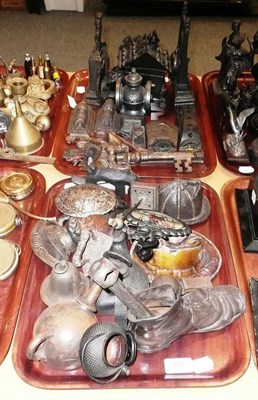 Lot 162 - Two trays of Victorian and later metal wares, clock stands, keys etc