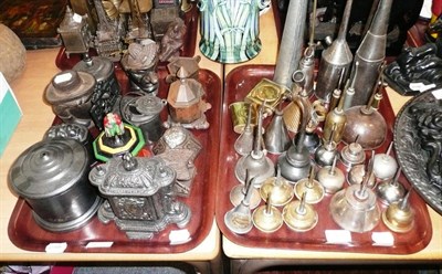 Lot 166 - Three trays of metal and brass money boxes, oil cans etc