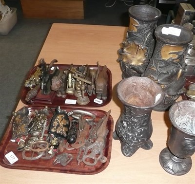 Lot 177 - Two trays including bottle openers, nut crackers and two pairs of vases