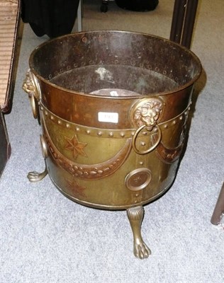 Lot 193 - Brass jam pan, brass and copper log bin and a stool (3)