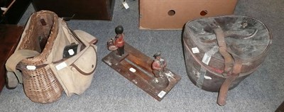 Lot 200 - Soldier book rack, top hat in leather box and fishing creel