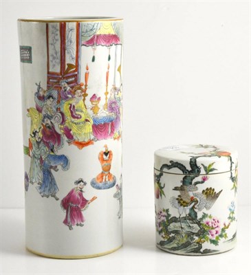 Lot 104 - A Chinese Porcelain Sleeve Vase, probably Guangxu period, painted in famille rose enamels with...