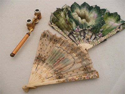 Lot 212 - Two cased fans and a pair of opera glasses