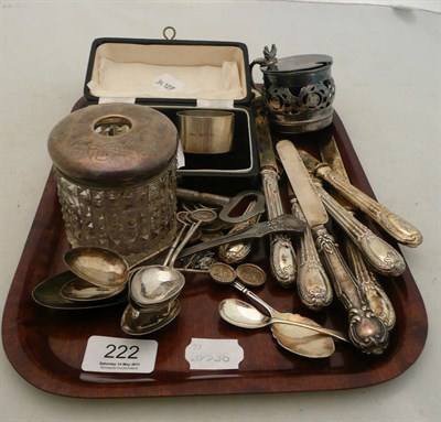 Lot 222 - Quantity of mixed silver including napkin rings, Chinese teaspoons, gilt knives, silver topped...