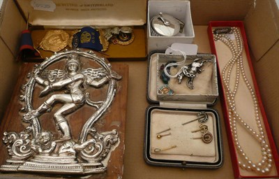 Lot 225 - Stick pins, brooches, white metal embossed plaque, etc