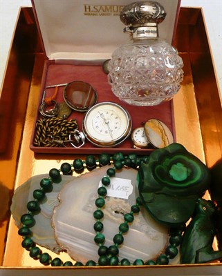 Lot 229 - Silver-topped scent bottle, two agates, a pocket watch, etc