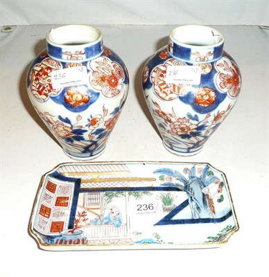 Lot 236 - Pair of Japanese porcelain small vases, possibly Samson, 19th century and a Japanese shallow...