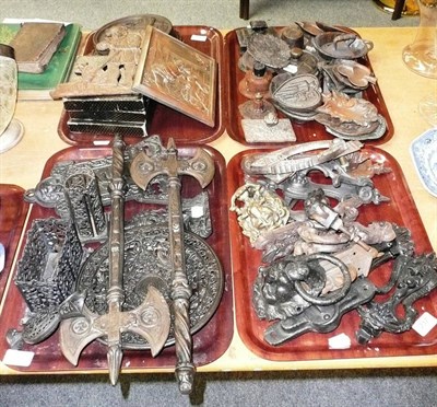 Lot 237 - Four trays of assorted cast metal door knockers and ornamental axe