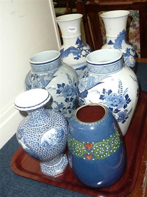 Lot 251 - Pair of 18th century Chinese vases (a.f.), pair of Delft vases and two other vases