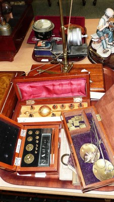 Lot 259 - Tray of silver gauges including Sykes hydrometer, balance scales, ivory rule etc