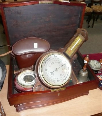 Lot 261 - Edwardian inlaid mahogany canteen barometer, binoculars, truncheon, brass hand bell etc