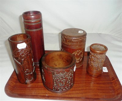 Lot 263 - Five Chinese assorted bamboo/wood boxes/ brush pots