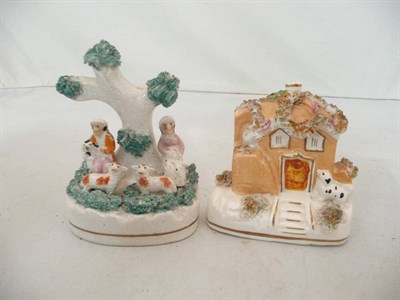 Lot 276 - Staffordshire cottage pastel burner, Staffordshire group with sheep