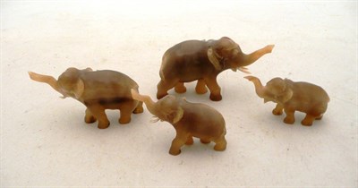 Lot 283 - Four carved horn elephants, circa 1930's and a walking stick with horn dog head handle