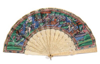 Lot 131 - A Cantonese Ivory Fan, 19th century, the paper leaf painted in colours with court scenes and...