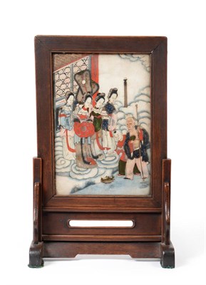 Lot 133 - A Chinese Alabaster Table Screen, possibly 17th/18th century, painted in colours with Daoist...