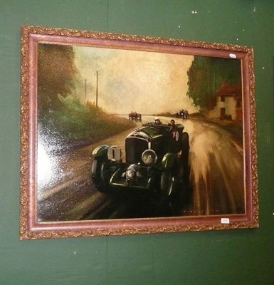Lot 409 - A large oil painting by Dioh Pears, Tim Birkinse, Bentley in the 1930 tourist trophy with an...